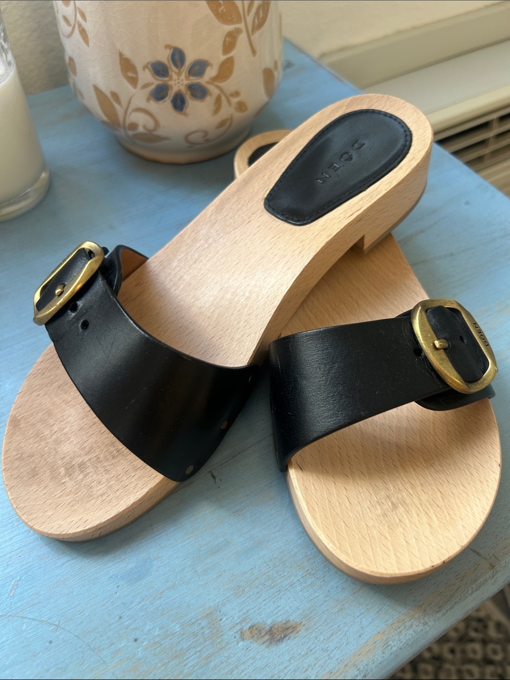 DOEN MERCATA WOODEN BLACK CLOG Leather Slide Mules with Gold Buckle SIZE 37